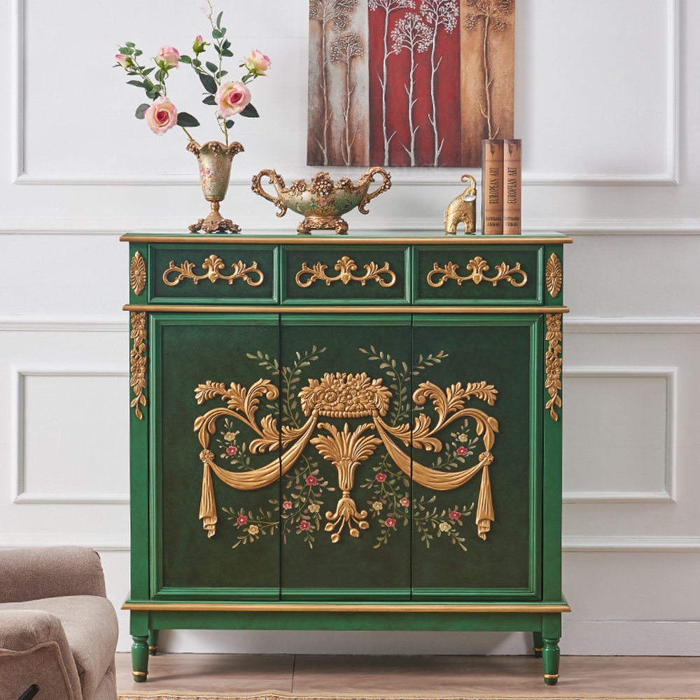 48" Vintage Rustic Shoe Cabinet Floral Patterns Gold Embossed Surface with 3 Drawers & 3 Doors & 8 Shelves window image