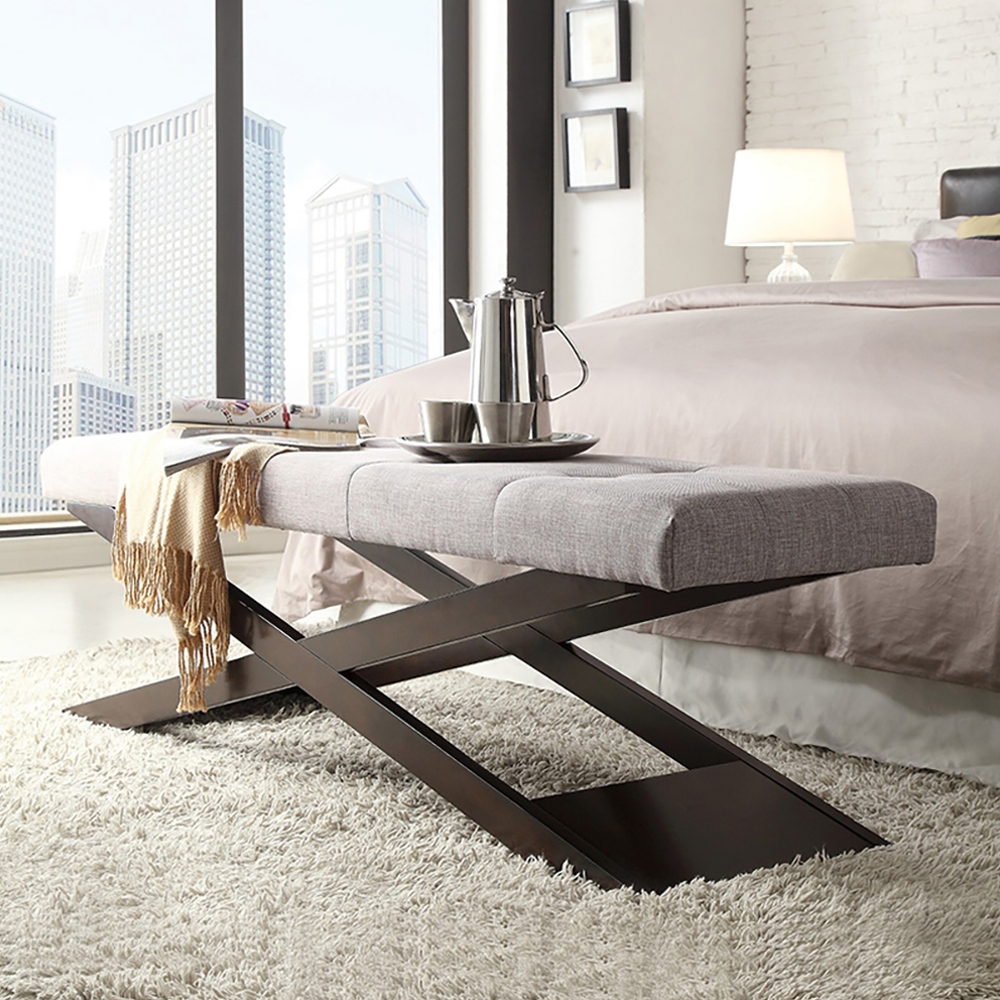 Gray Linen Bench Upholstered Carbon Steel Bench window image