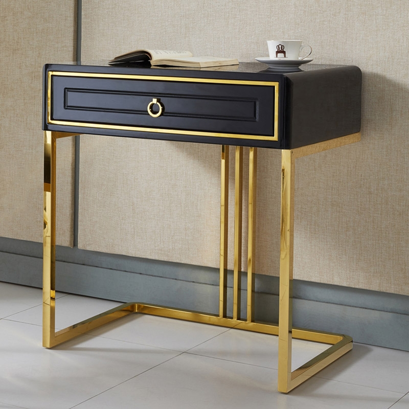 Bureau moderne laqué noir avec tiroir et tabouret, bureau d'ordinateur avec rangement image de fenêtre