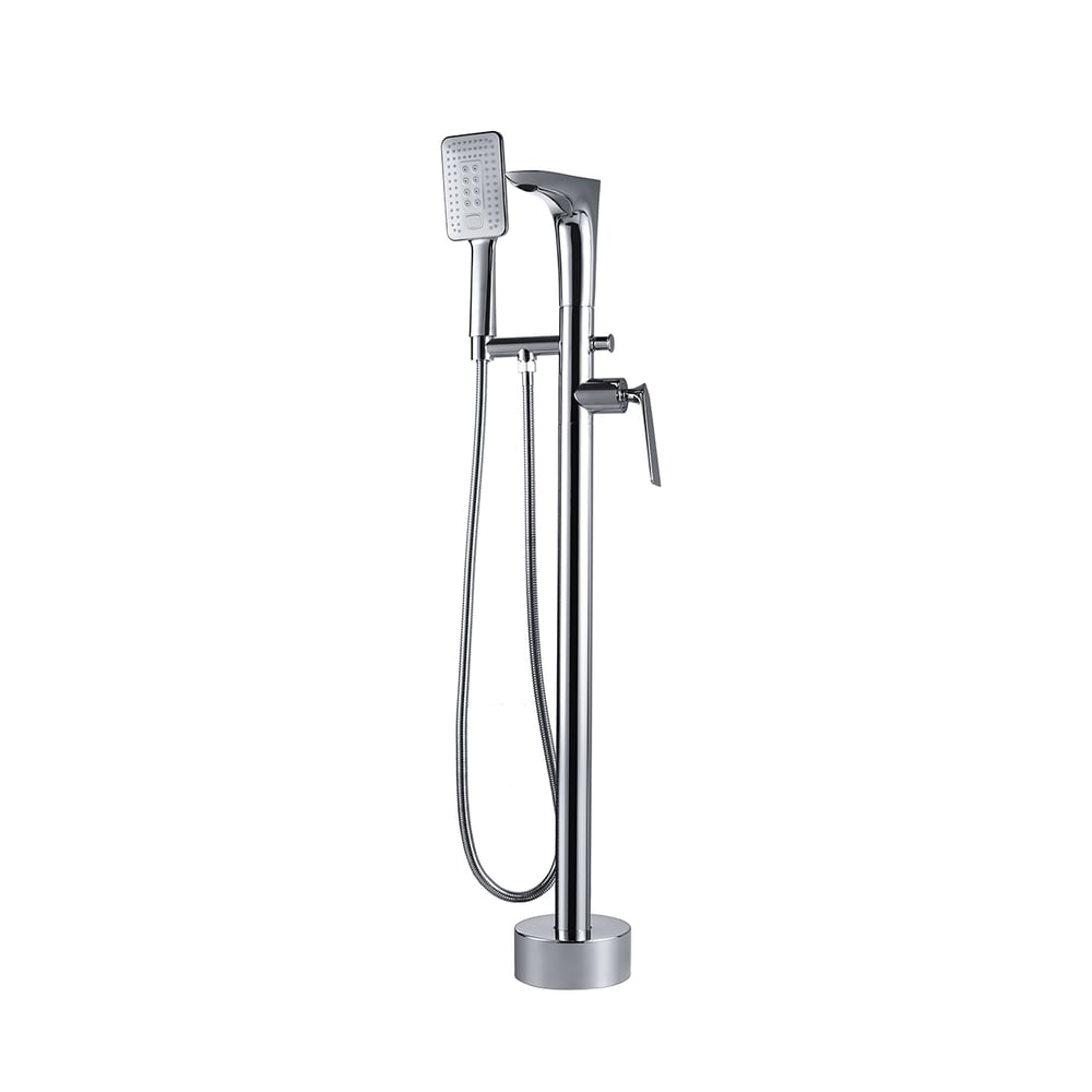 Contemporary Polished Chrome Floor Mount Tub Filler Solid Brass 1-Handle Freestanding Bathtub Faucet with Hand Shower window image