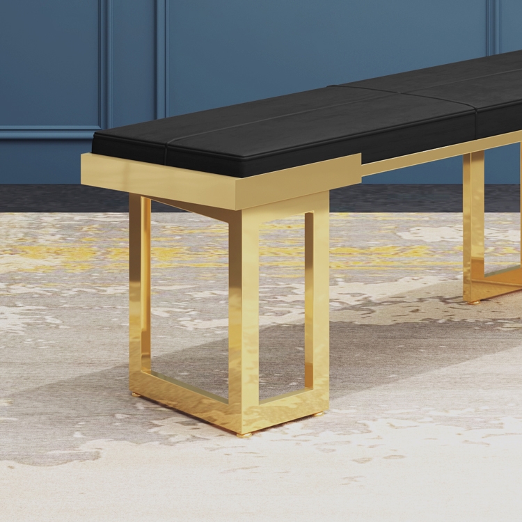 Modern Black Upholstered Bench Soft PU Leather Bench with Gold Metal window image