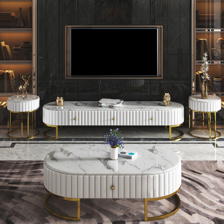 Faux Marble Round Side Table Small Side Table Round Gold Accent Table White Faux Leather Table window image