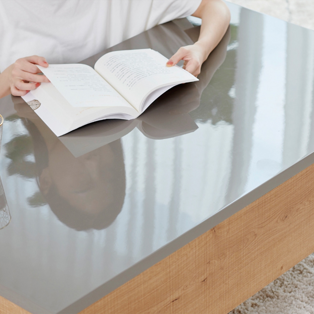 Modern Gray Coffee Table Rectangular Accent Table with 2-Drawer Metal Base window image