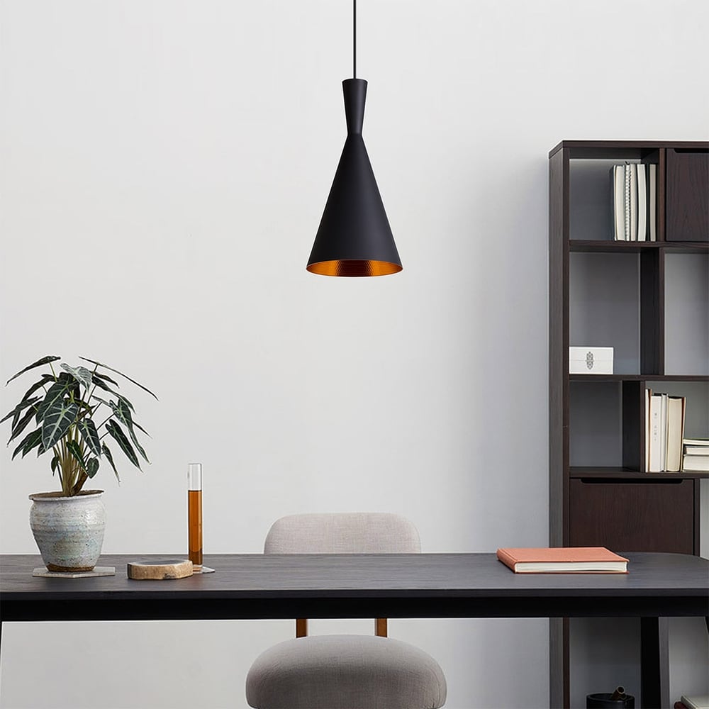 Modern Aluminum Geometric Form Tall Single-Light Hanging Pendant Light Fixture in Black window image