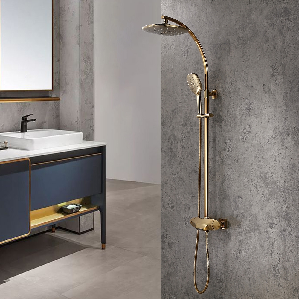 Zime Modern Gold Exposed Adjustable Shower Faucet Thermostatic Valve with 2-Function Hand Shower & Waterfall Tub Spout Shower System Solid Brass window image