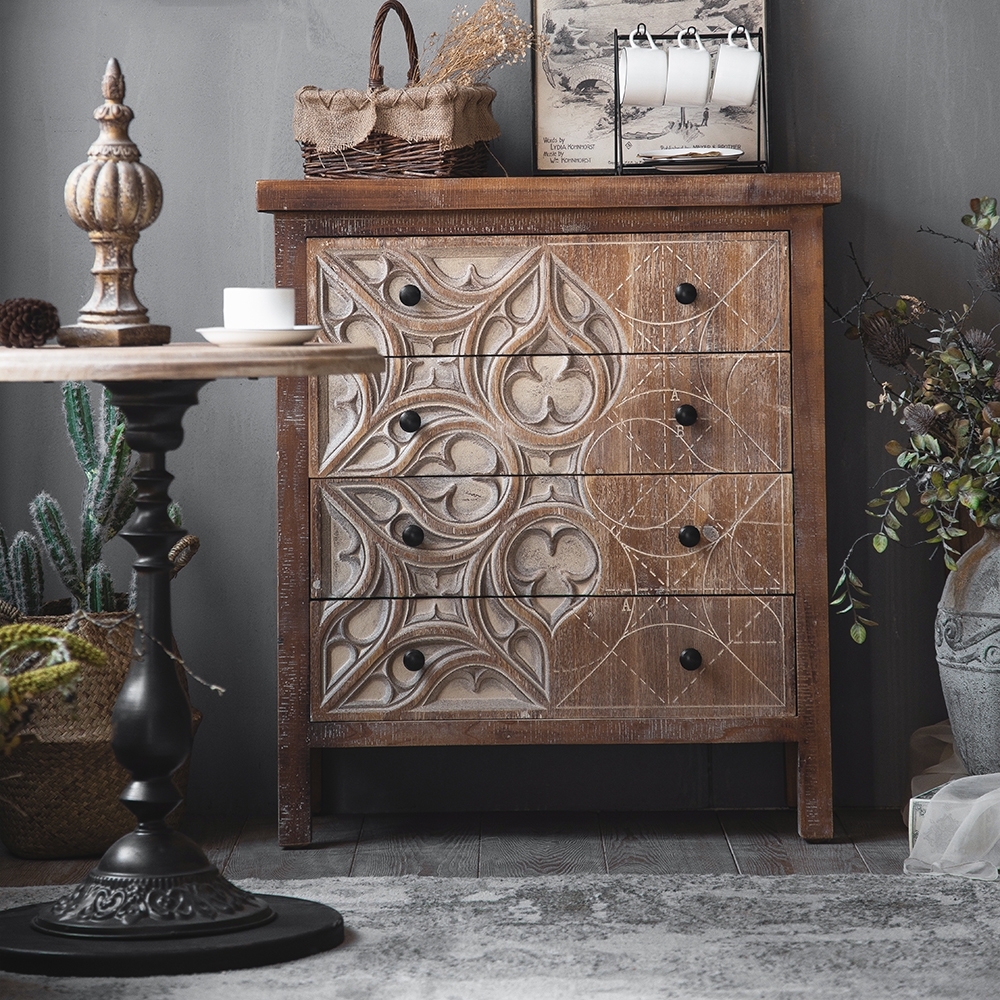 Rustic Walnut Cabinet Carved and Painted Patterns Chest of 4 Drawers window image