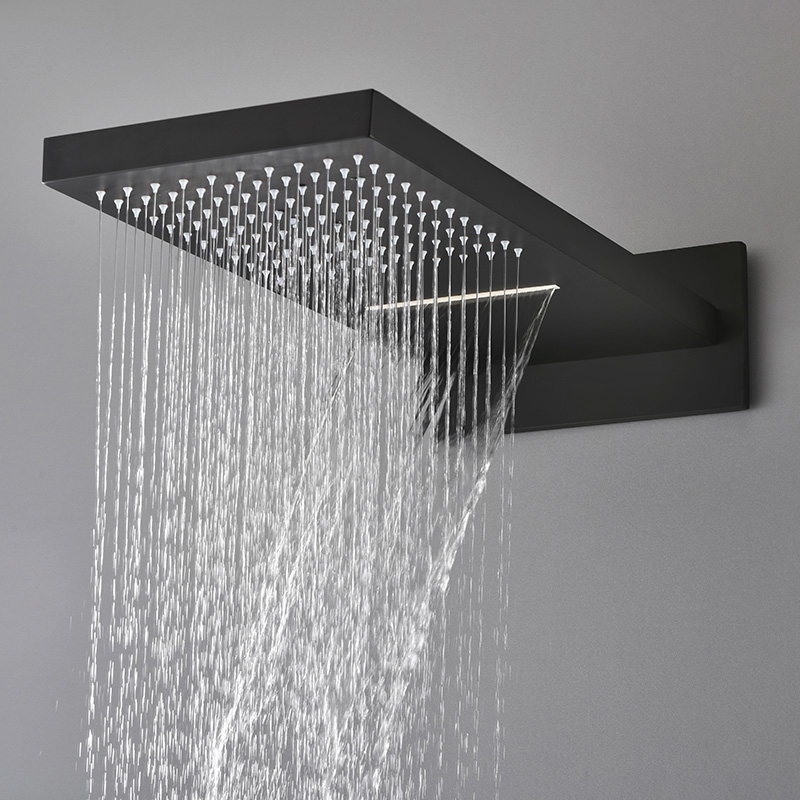Modern Style Matte Black Wall Mounted Rain & Waterfall Shower System with Slide Bar Hand Shower Solid Brass window image