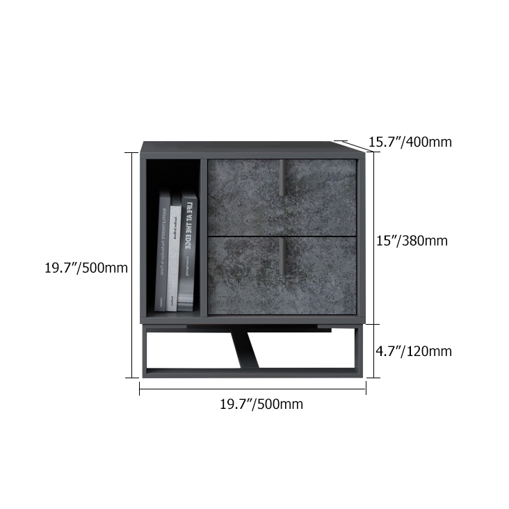 Modern Gray Night Stand 2-Drawer Nightstand Bedside Cabinet with Open Storage Metal Base window image