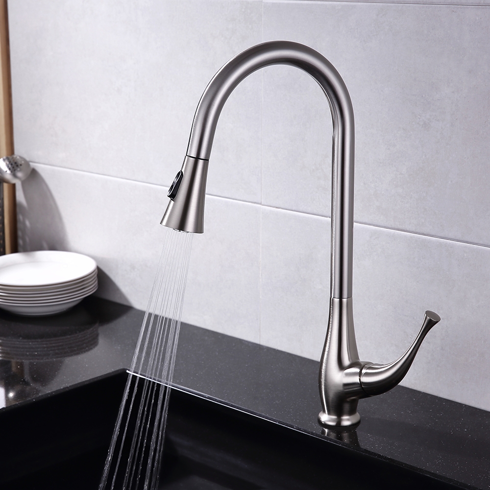 Modern Touch Pull Out Kitchen Faucet Brushed Nickel Single Handle Dual Function Faucet window image