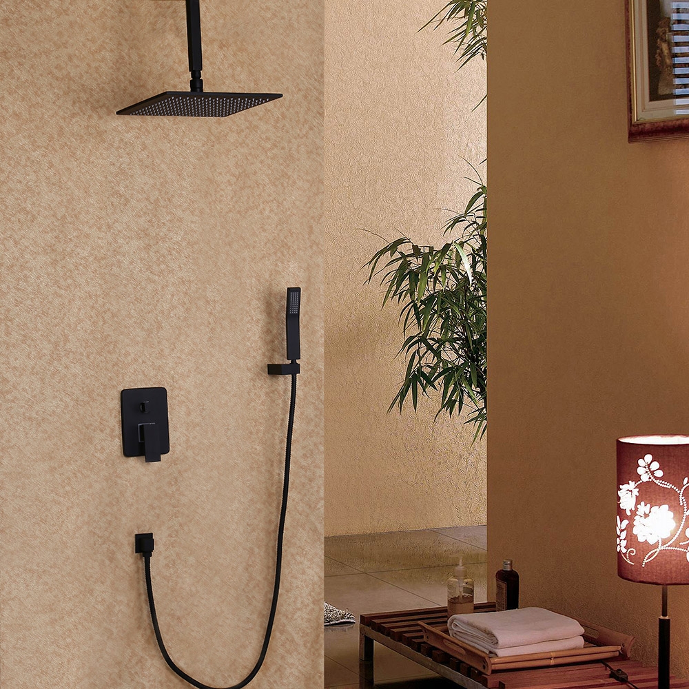 Dree Contemporary 1-Handle Solid Brass Ceiling Mount 12" Square Rain Shower & Hand Shower Set in Matte Black window image