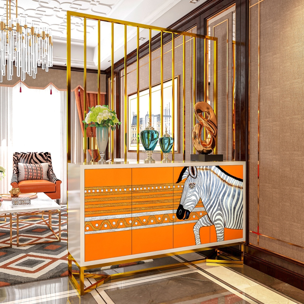 Modern Orange Sideboard Cabinet With Doors Hand-painted Entryway and Kitchen window image