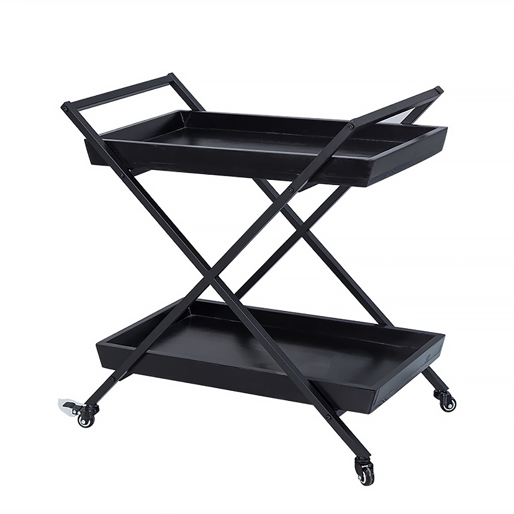 23.6" 2-Tier Rolling Serving Bar Cart with Handle X Frame Black Metal window image