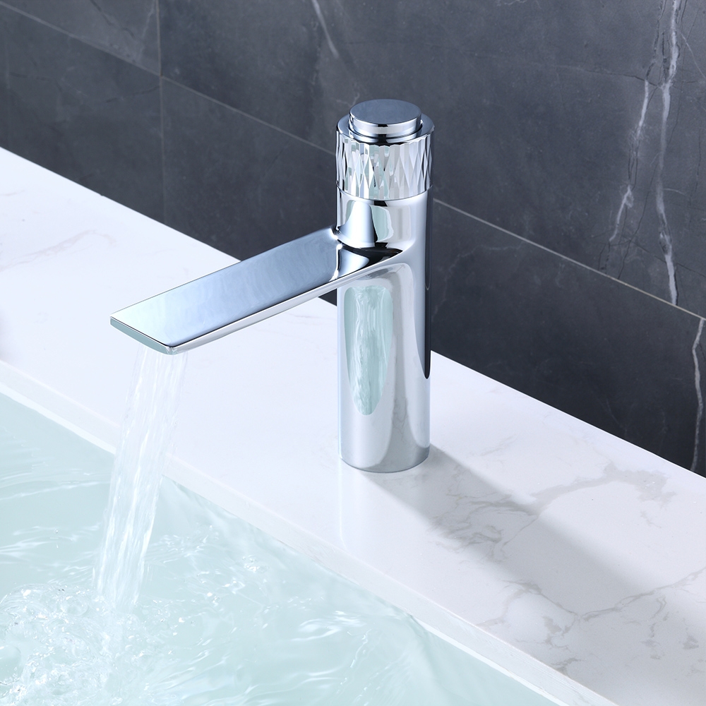 Waterfall Single Hole Bathroom Sink Faucet Solid Brass Push Button Polished Chrome window image