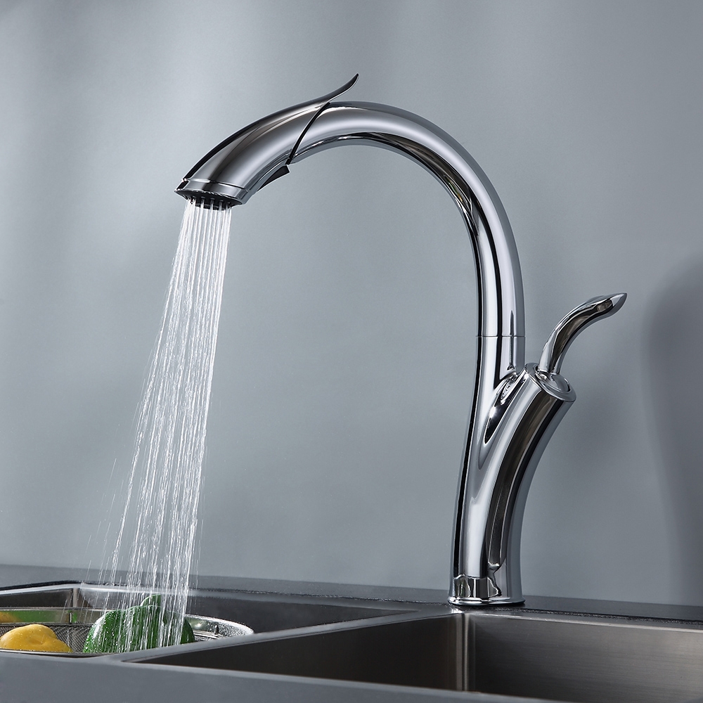 Mono Robinet de Cuisine Poignée Unique à Tirer vers Le Bas Robinet à Arc Élevé Chrome cUPC Certifié image de fenêtre