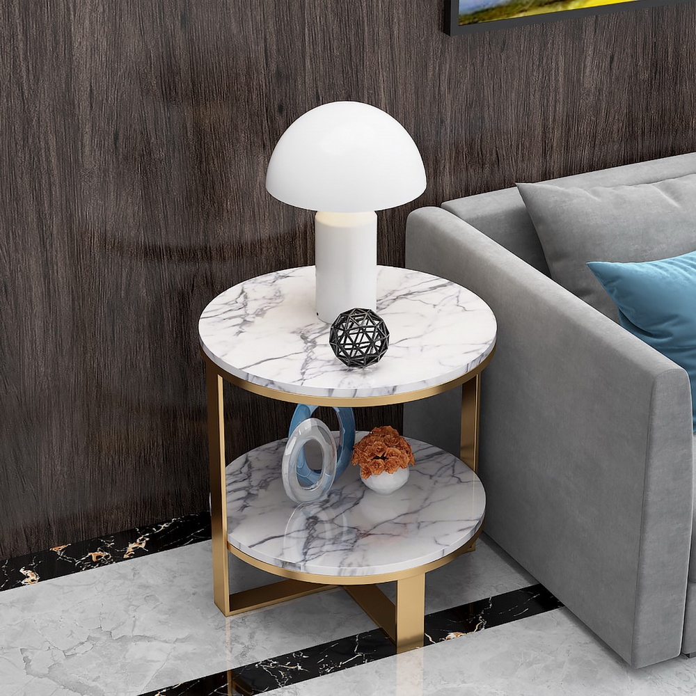 2-Tiered White Round End Table with Shelf Metal Frame window image
