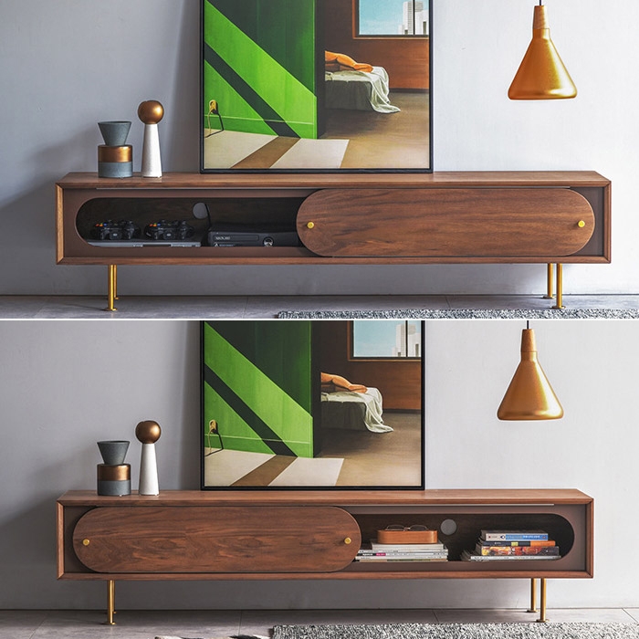 Rustic 72" Wood TV Stand with Storage Rectangular Media Cosole with Sliding Door in Walnut & Brass window image