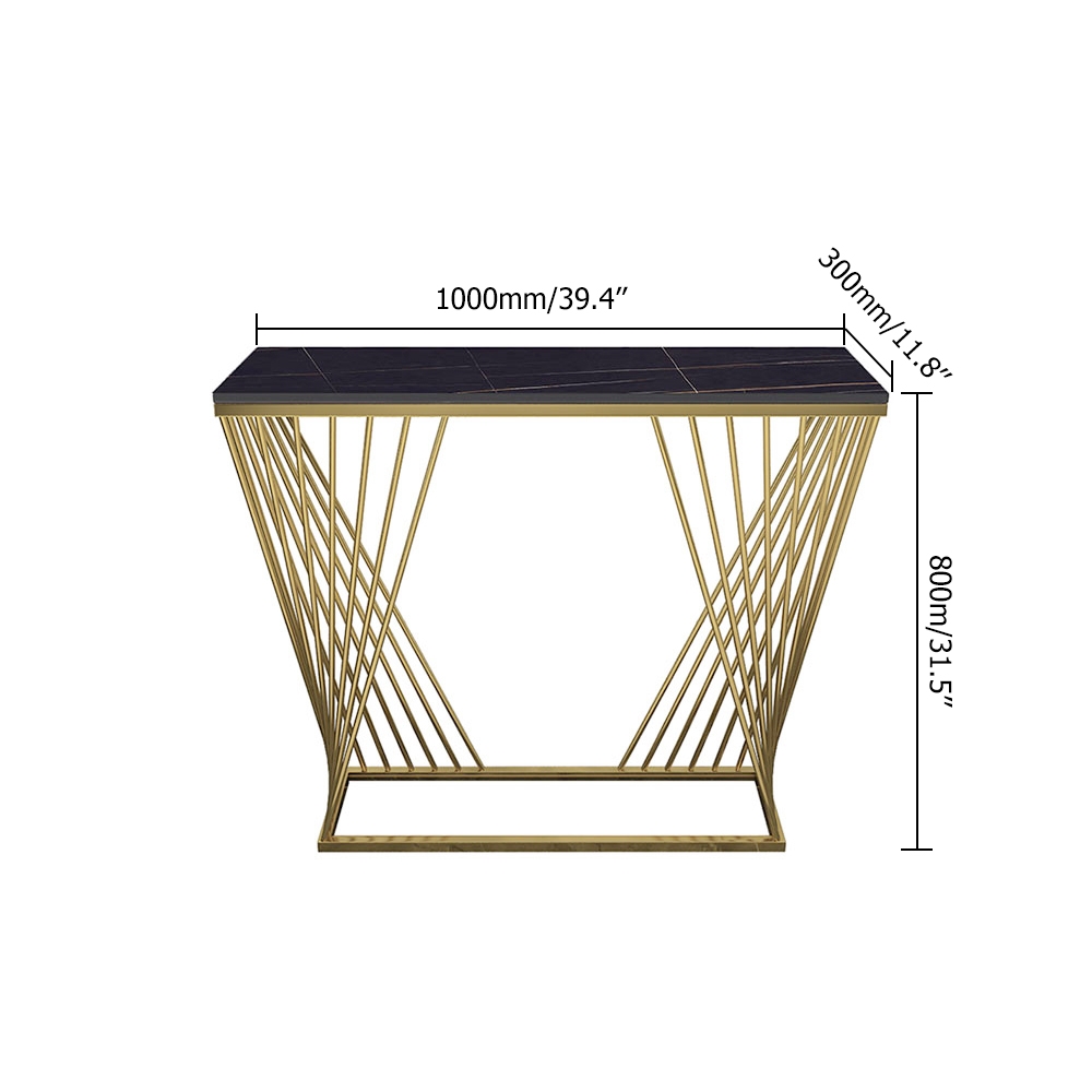 Black Rectangular Narrow Console Table Modern Sintered Stone Accent Table Metal in Gold window image
