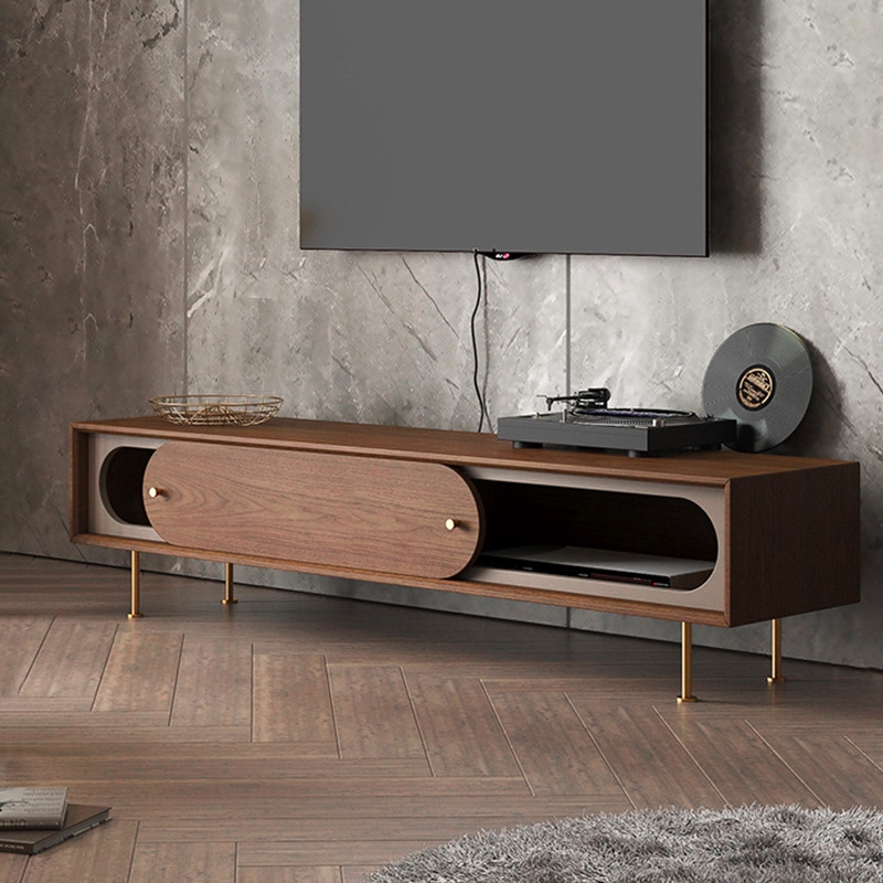 Rustic 72" Wood TV Stand with Storage Rectangular Media Cosole with Sliding Door in Walnut & Brass window image