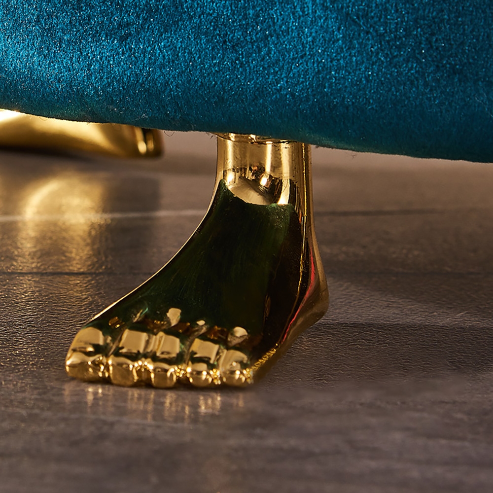 Blue Velvet Upholstered Ottoman Round Vanity Stool Unique Foot Shape Metal Leg in Gold
