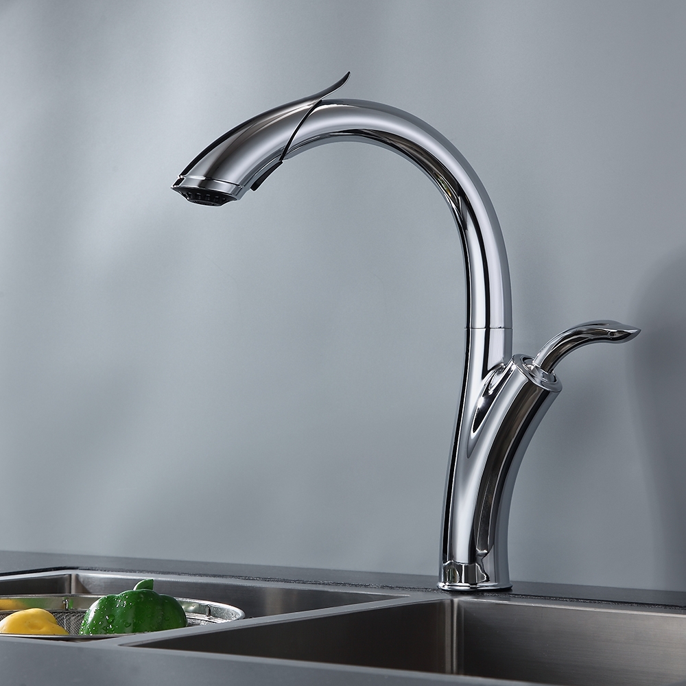 Mono Robinet de Cuisine Poignée Unique à Tirer vers Le Bas Robinet à Arc Élevé Chrome cUPC Certifié image de fenêtre