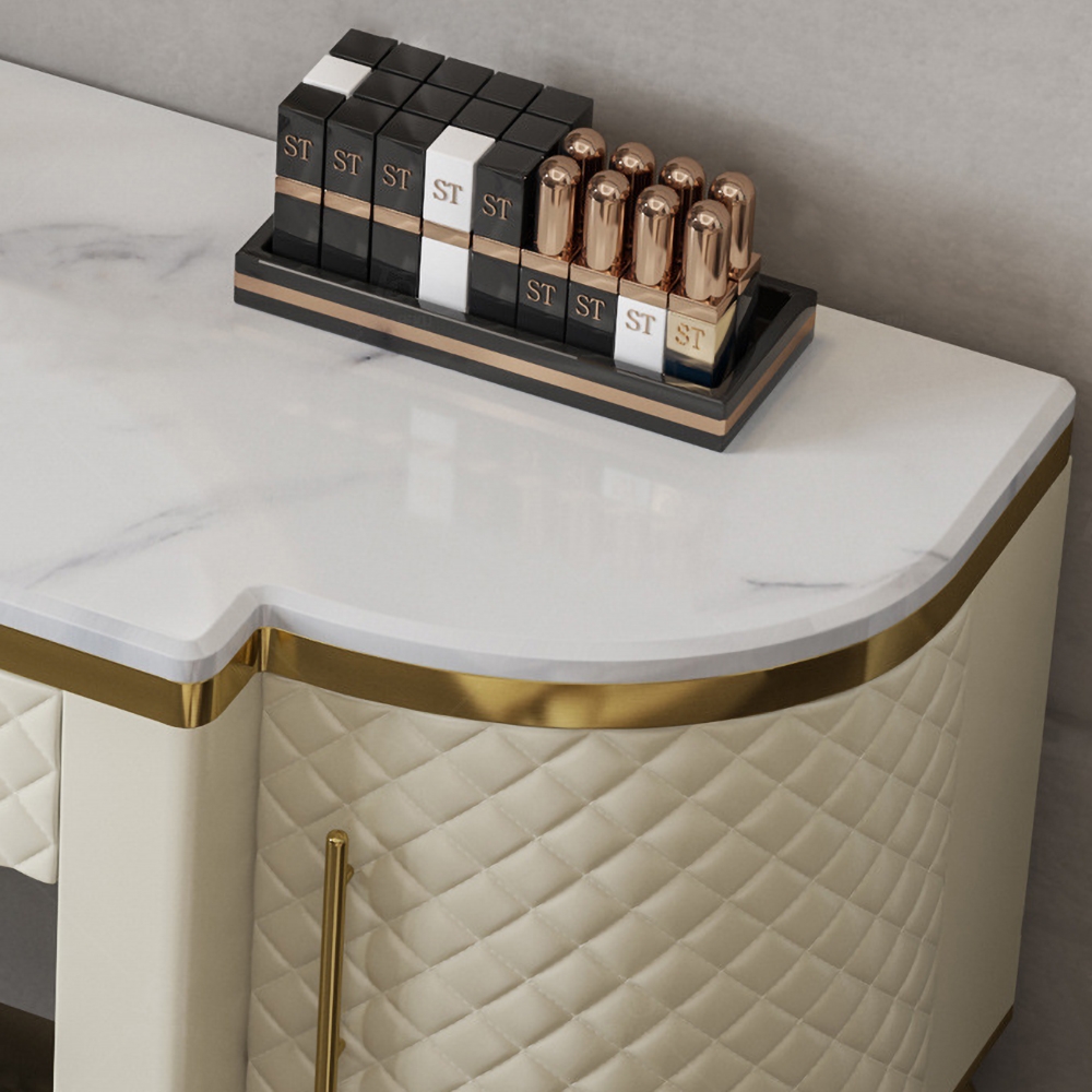 Postmodernism White Makeup Vanity Faux Marble Top Upholstered Dressing Table with Storage Stool Included window image