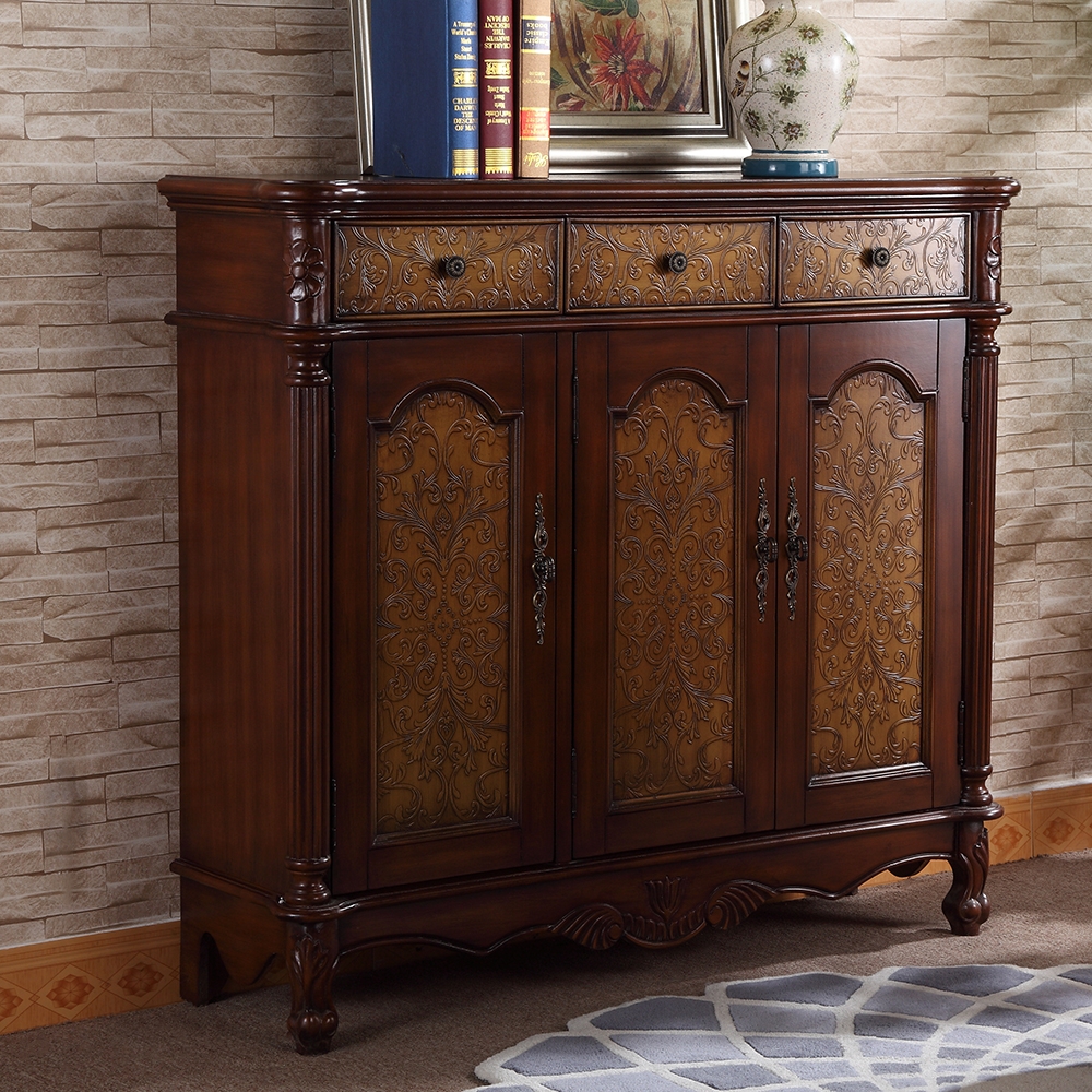 59.1" Vintage Walnut Shoe Cabinet Embossed Floral Surface with 6 Shelves and 4 Doors window image