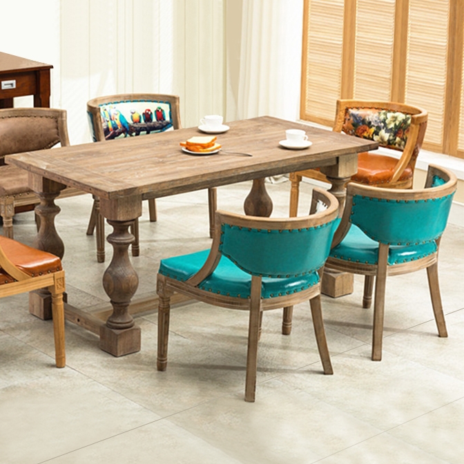 Vintage Rustic Style Solid Wood Rectangular Oak Medium Dining Table with Sculptured Legs & Beam Support window image