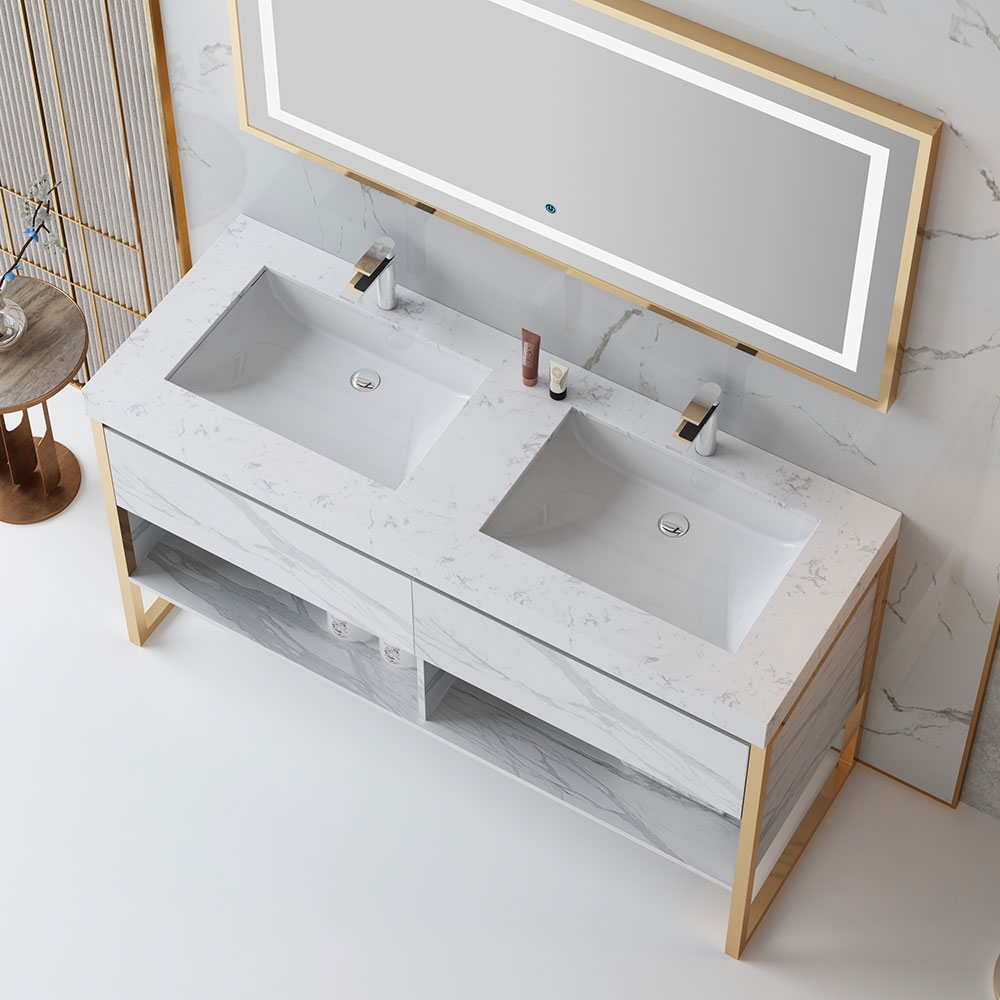 Modern White Double Sink Freestanding Bathroom Vanity Marble with Drawers window image