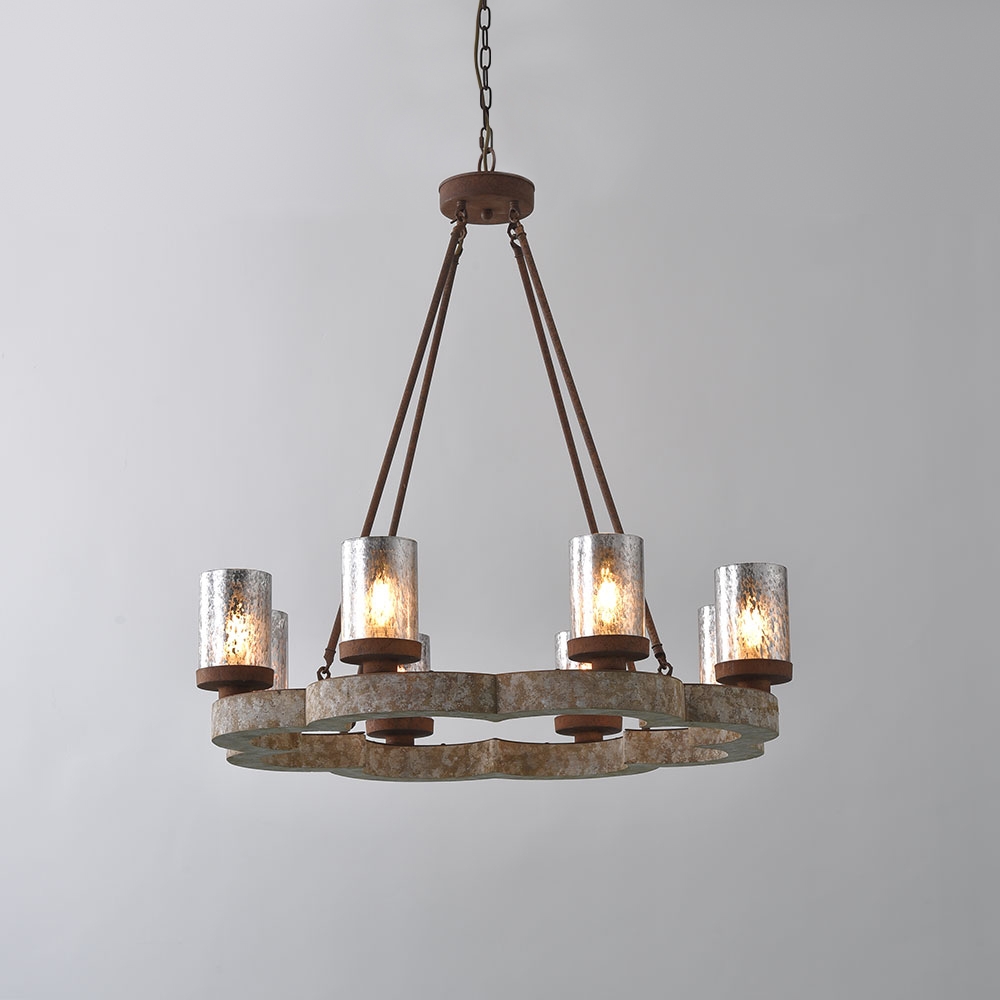 Eolic French Country Antique Mirrored Cylindrical Glass Shade Distressed Wood Frame 8-Light Chandelier Rust Metal window image