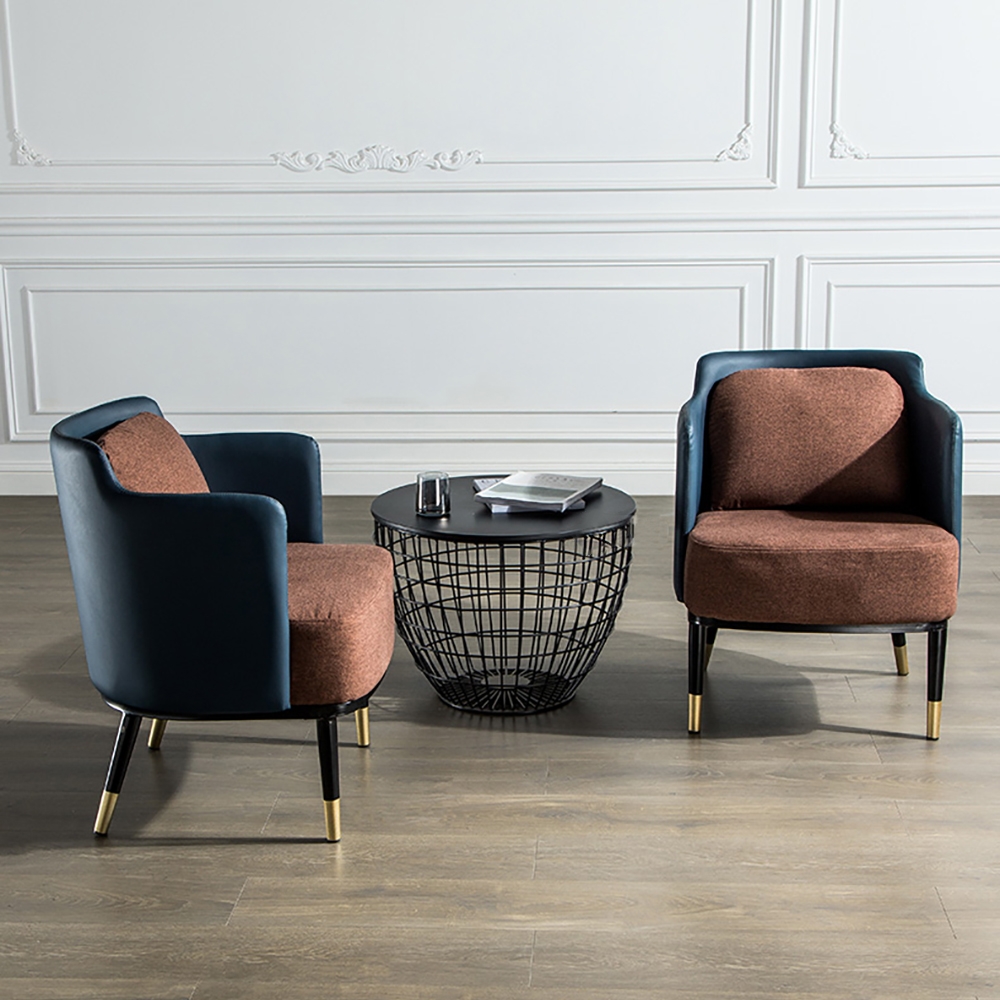 Mid-century Accent Chair Linen&PU Leather Upholstered in Gold&Black Legs window image