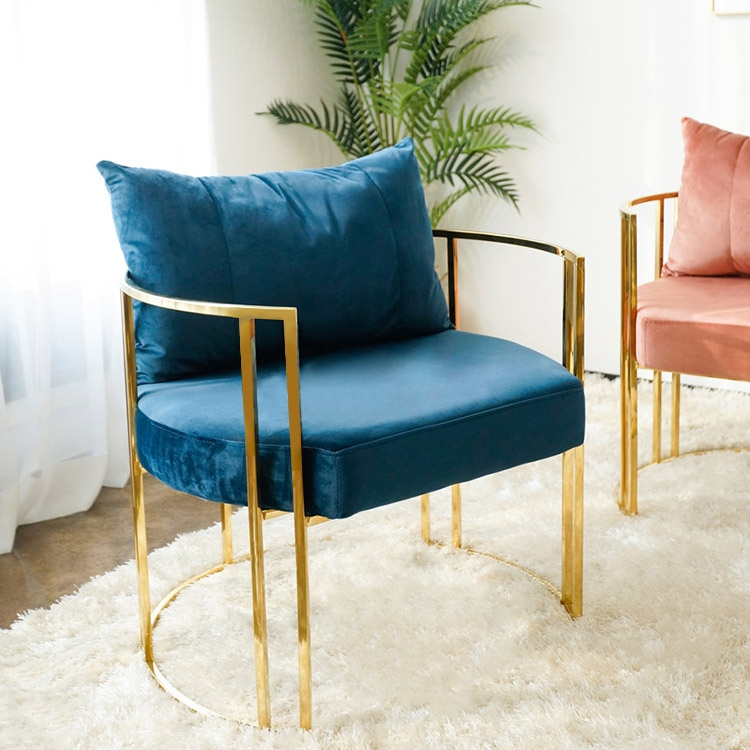 Gold Accent Chair Blue Velvet Barrel Chair with Pillow Back & Cushion Stainless Steel Frame window image