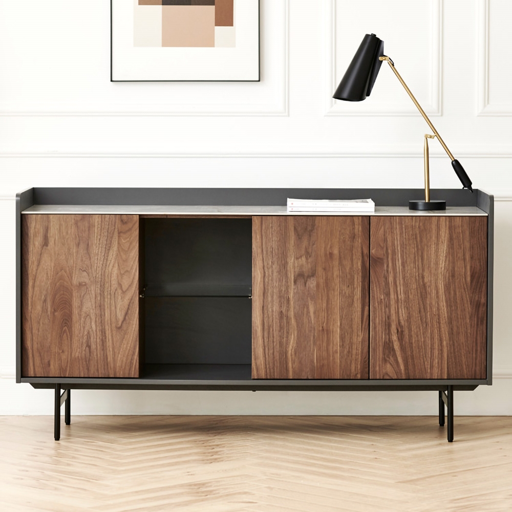 59" Walnut Sideboard Buffet Ceramics Top with Doors & Adjustable Shelves in Carbon Steel Legs window image