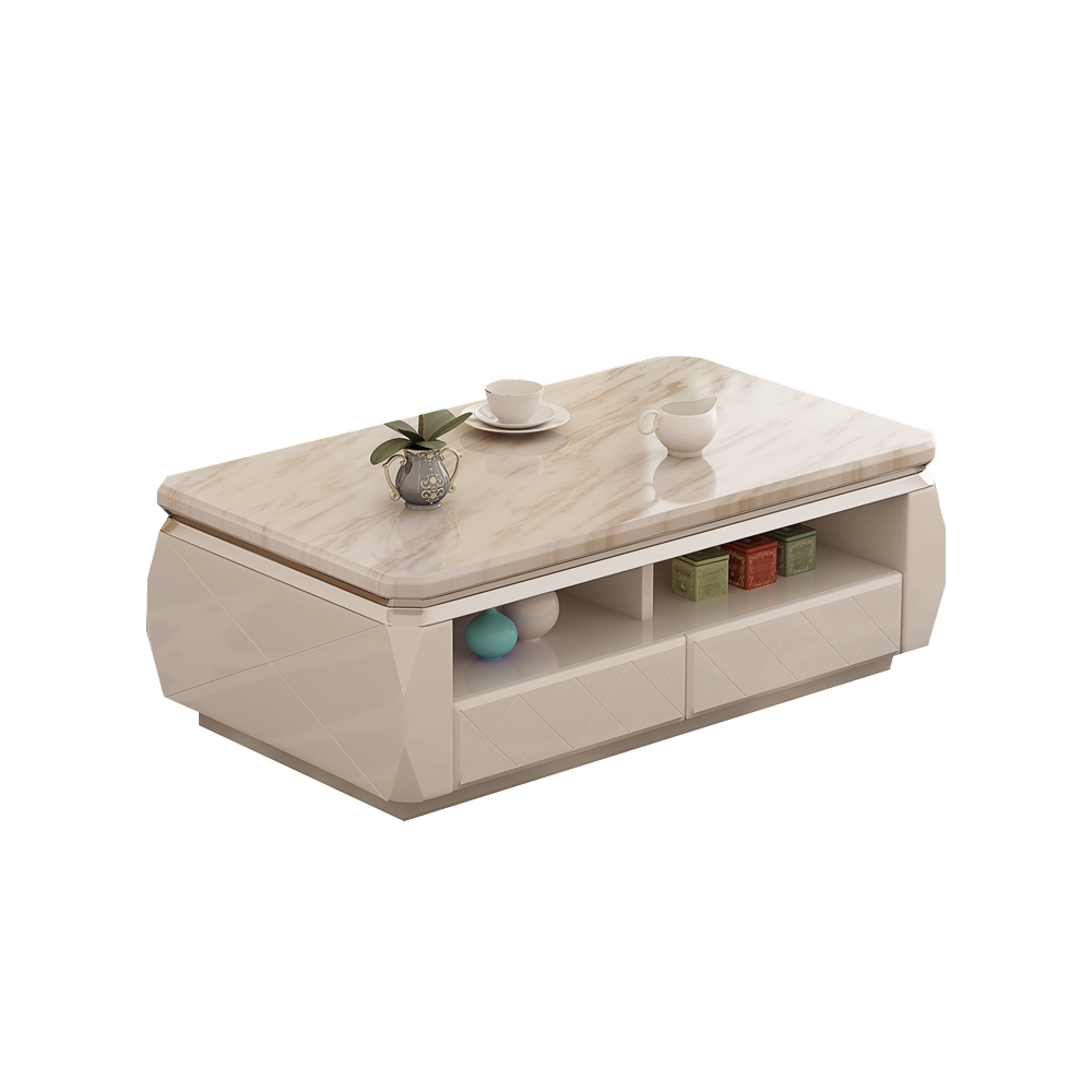 Marble Coffee Table with Storage & Drawers Solid Wood Frame window image