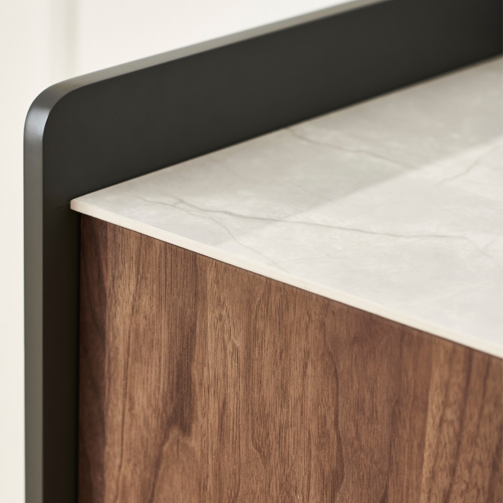 59" Walnut Sideboard Buffet Ceramics Top with Doors & Adjustable Shelves in Carbon Steel Legs window image