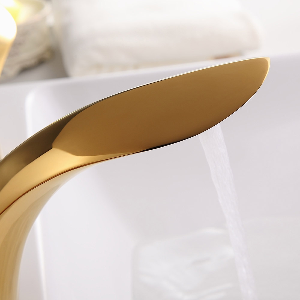 Zime Modern Aerated Spout Widespread Sink Faucet Double Handles in Gold Solid Brass window image