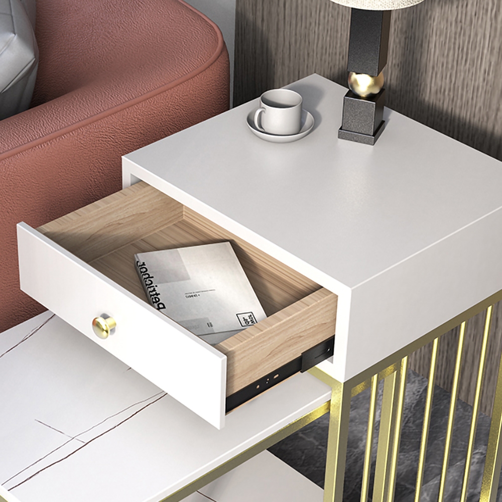 Modern Side Table Nesting End Table with Shelf & Drawer in Gold & White Sintered Stone window image