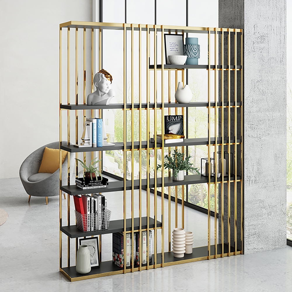 Modern Display 6-Tiered Etagere Bookshelf in Gold & Black window image