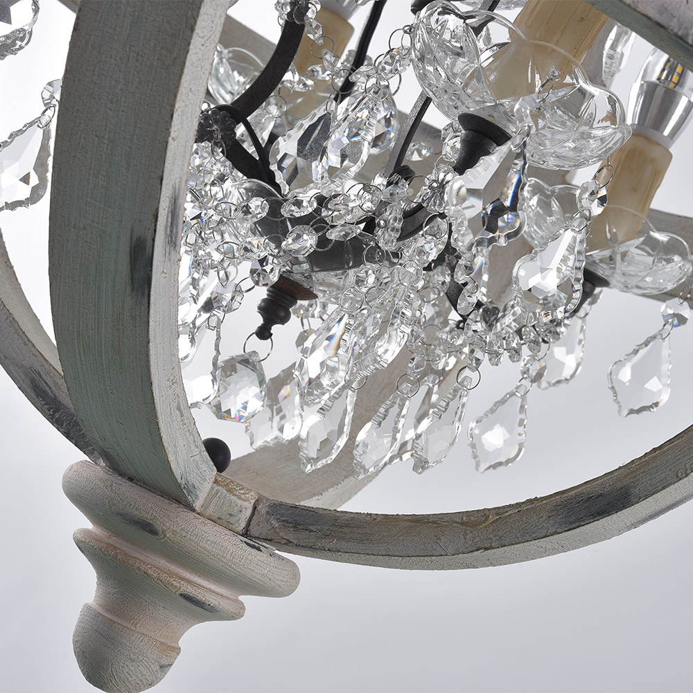 French Country Globe Chandelier 4-Light Wood Orb Crystal Chandelier Antique White window image