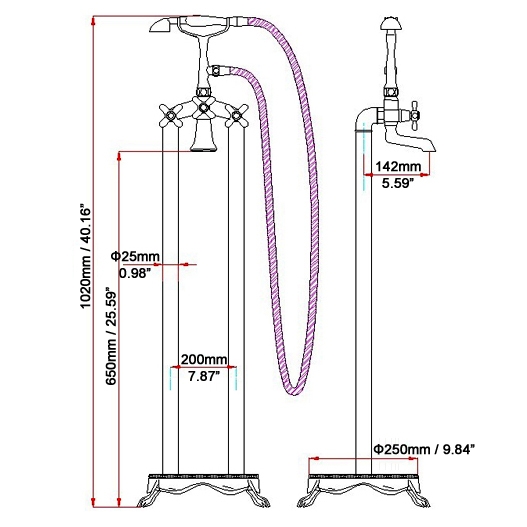 Chester Classic 3 Cross Handles Floor Mounted Clawfoot Tub Filler Faucet with Hand Shower in Chrome window image