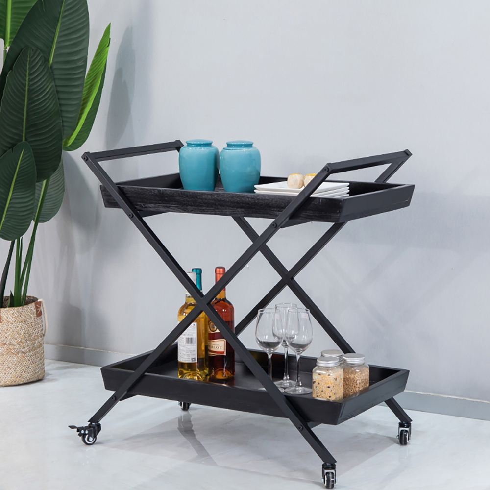 23.6" 2-Tier Rolling Serving Bar Cart with Handle X Frame Black Metal window image