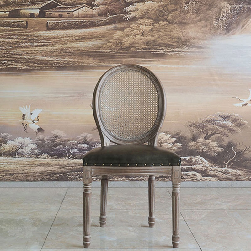 French Farmhouse Wood Dining Chairs Cane Back Dining Chair Faux Leather Upholstered Dining Chair window image