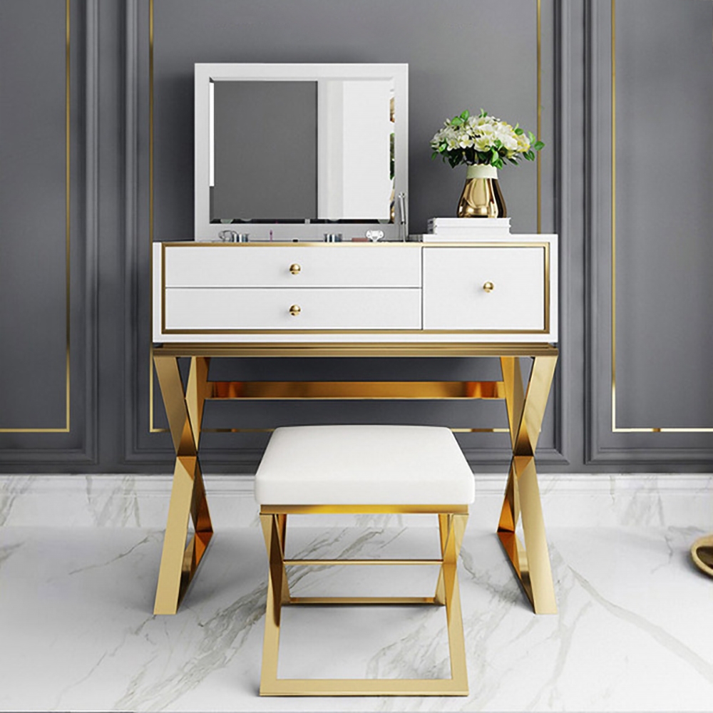 White Makeup Vanity Set Glossy Dressing Table with 2 Drawers in Gold Stool Included window image