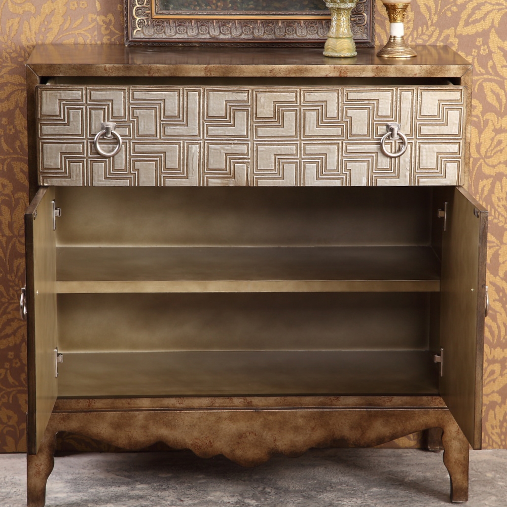 36" Vintage Entryway Cabinet Distressed Accent Cabinet Carved Surface with Doors & Drawer & Shelf window image