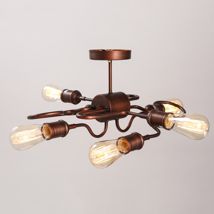 Retro Rust Metal Bent Tube Semi Flush Mount with Six Exposed Bulbs window image