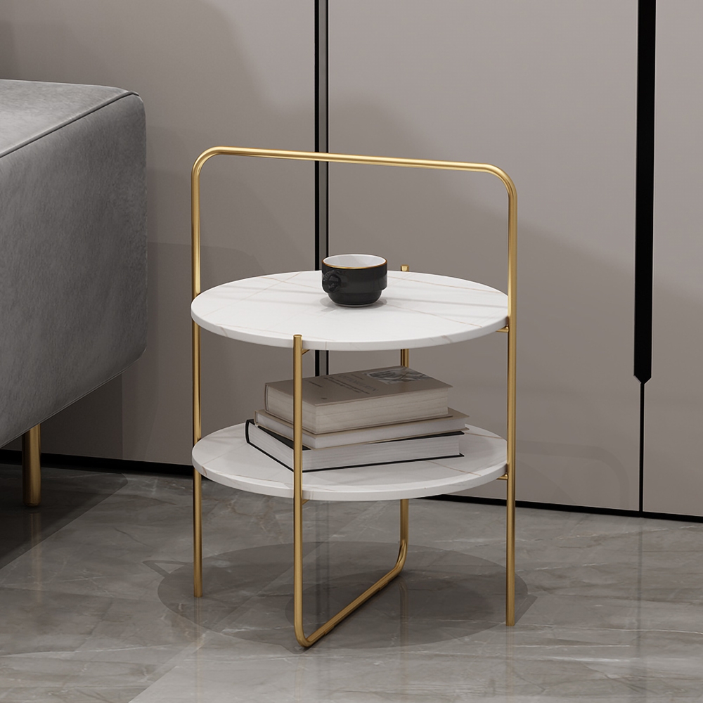 Black Round Side Table Sintered Stone Top with Shelves End Table Metal window image