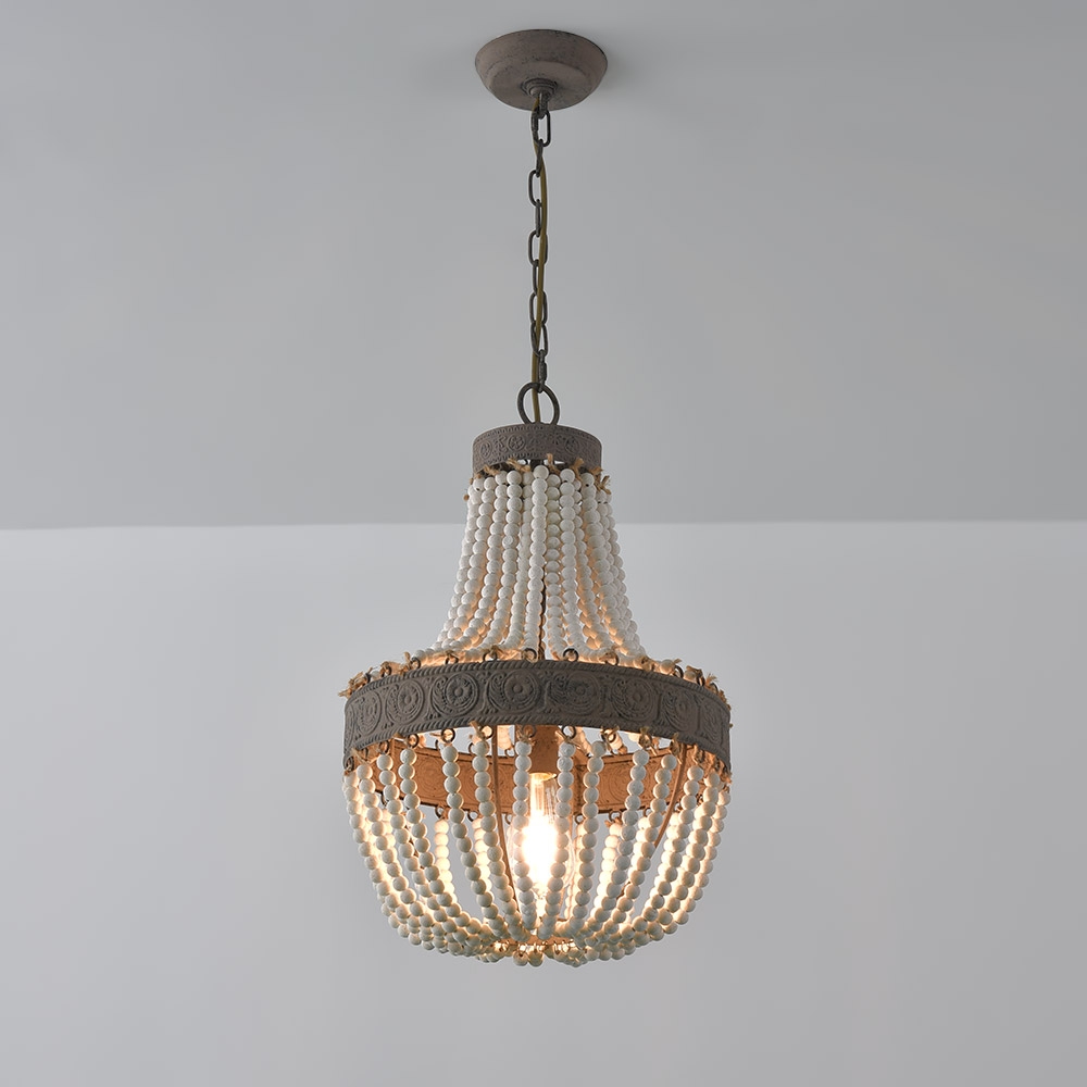 Vintage retro 3-licht wit gewassen oude houten kralen hanglamp rustieke smeedijzeren band in bruin Vensterafbeelding