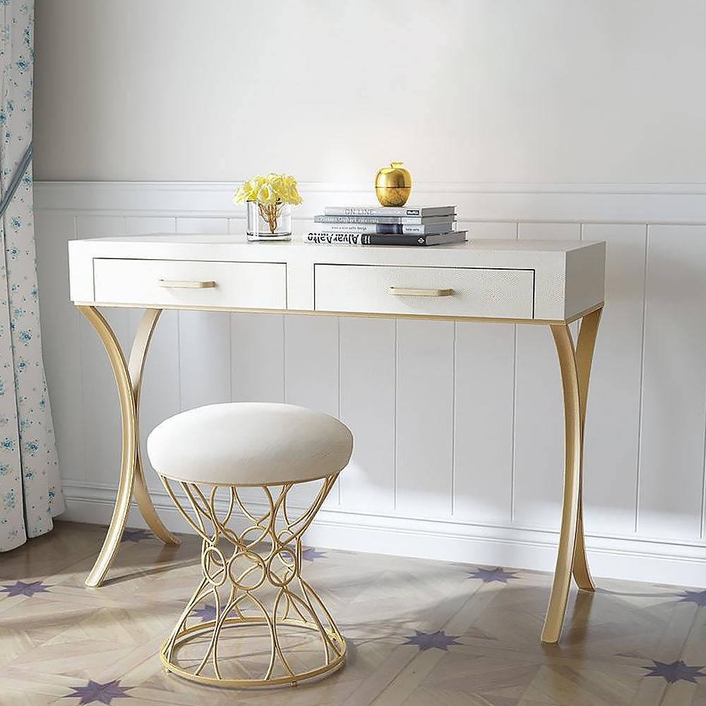 Beige Round Makeup Vanity Stool Linen Upholstered Ottoman Stool Gold Base window image