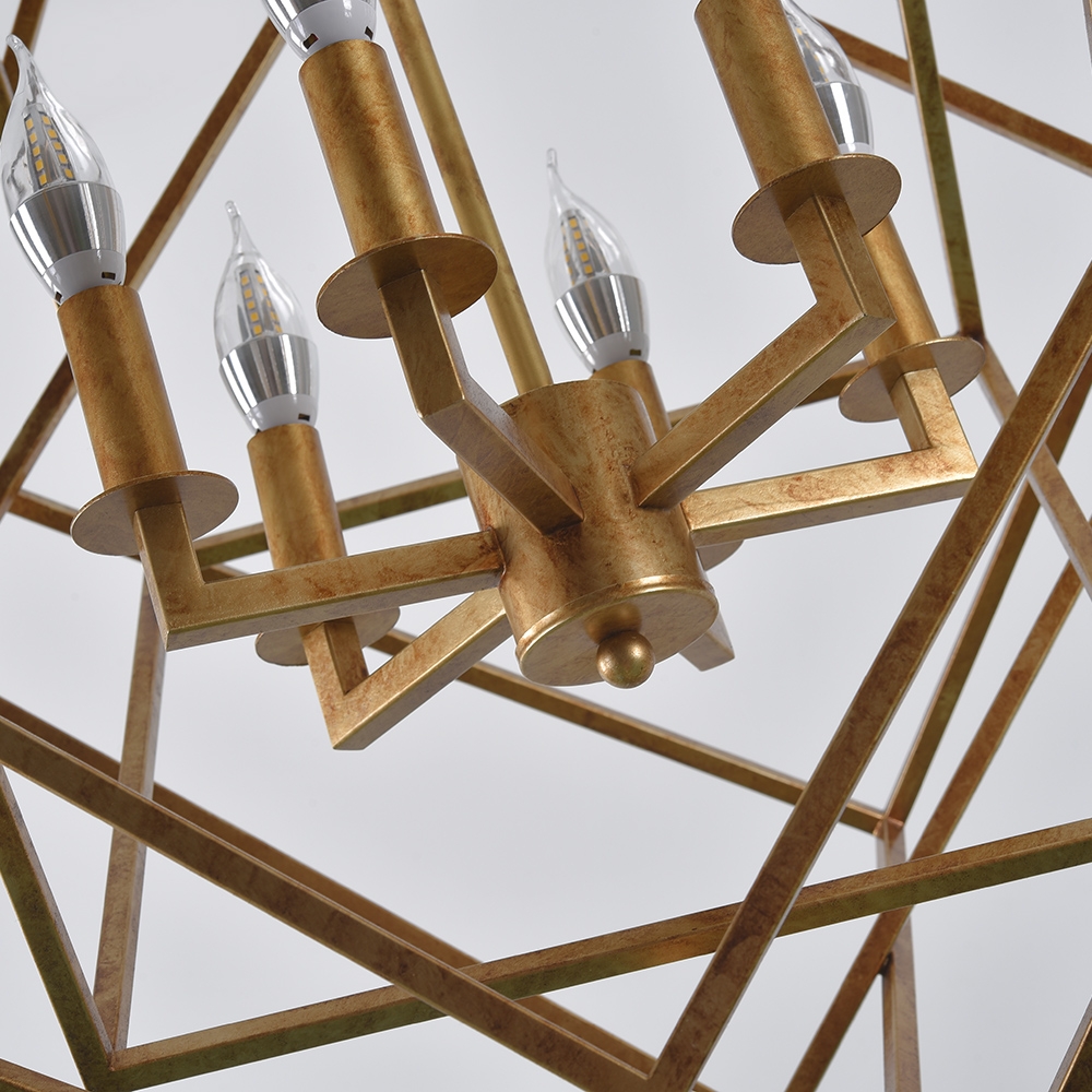 Modern Mid-Century Square Geometric Candle Chandelier 6-Light Antique Gold Ceiling Light window image
