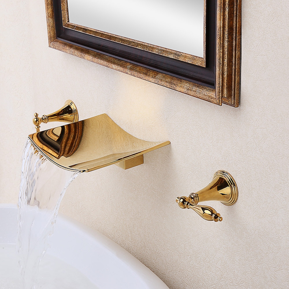 Grop Modern Waterfall Wall Mount 2-Handle Bathroom Sink Faucet Solid Brass in Gold window image