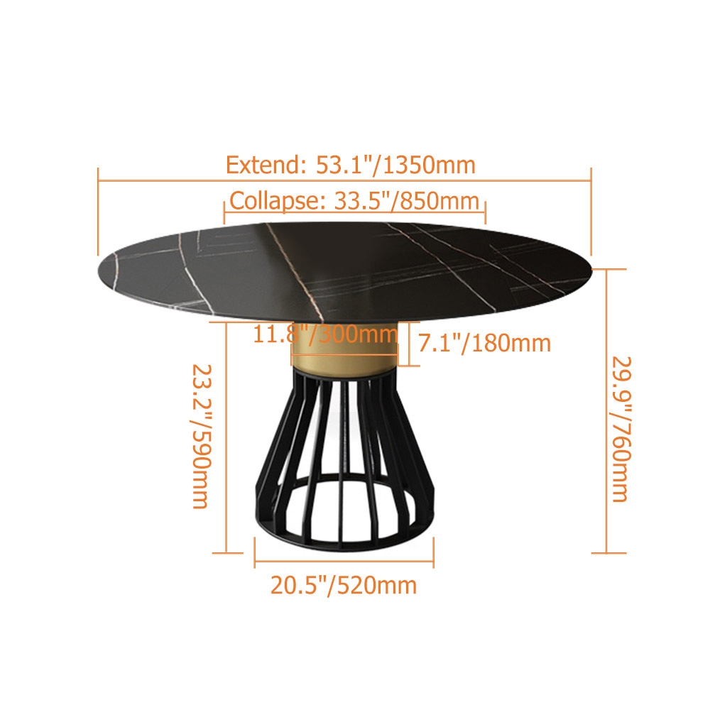 Modern Black Round Leaf Extendable Dining Table Sintered Stone Top Pedestal Base window image